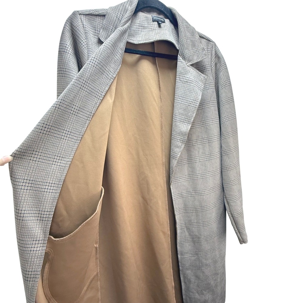 BUCKLE BLACK Plaid Trench Flyaway Jacket Brown Faux Suede Raw Edge Pocket Size M - Picture 9 of 9